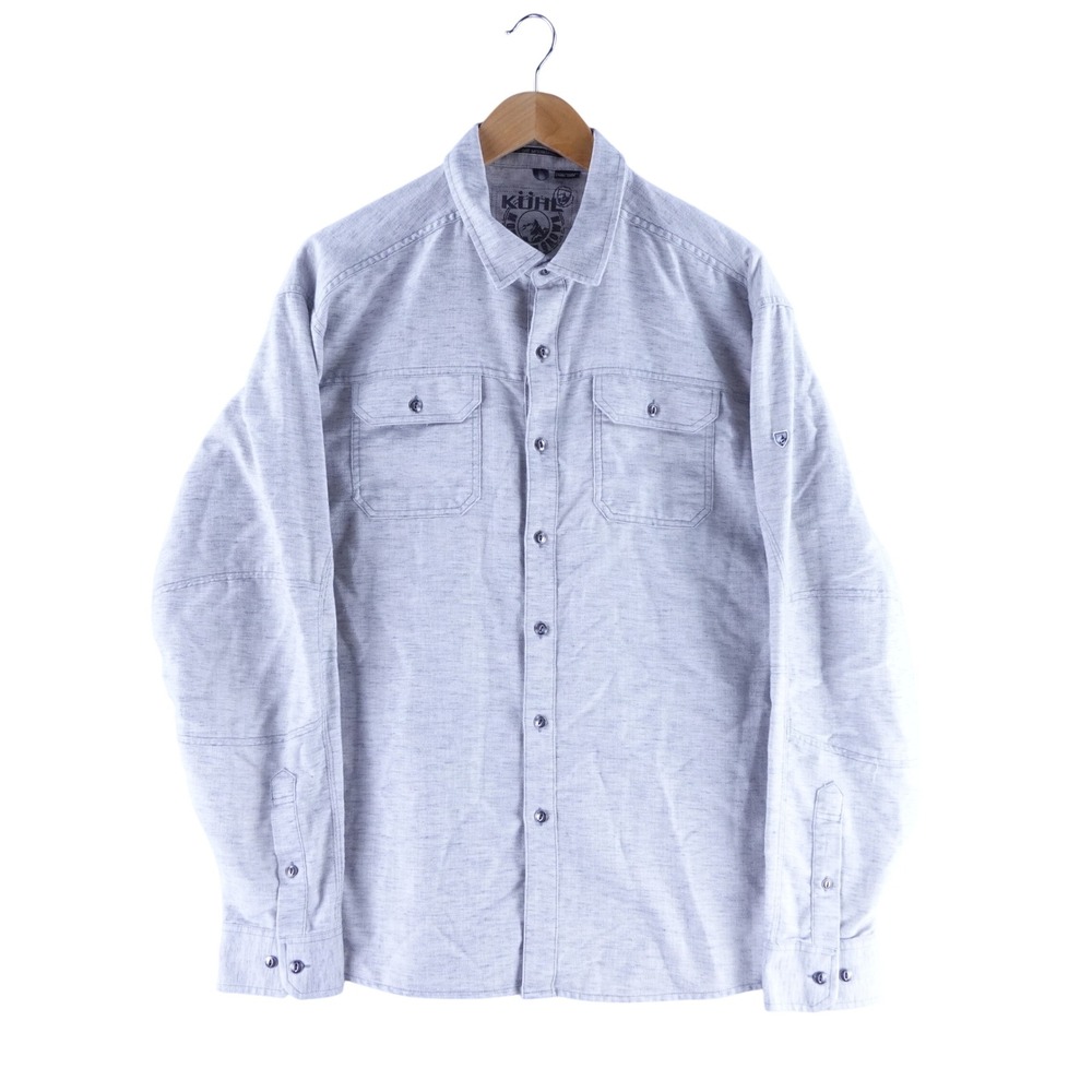 Kuhl Mens XXL Gray Long Sleeve Button Up Shirt5 Panel Sleeve Cotton Linen Blend